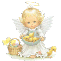 Gif animé avec un ange de Pâques portant des paniers avec des poussins nouveau-nés et des œufs de Pâques colorés.