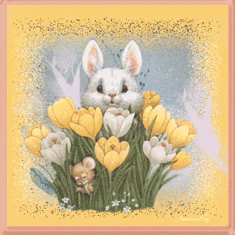 Gif animata di auguri Buona Pasqua con due coniglietti pasquali che timidamente escono da un prato appena fiorito nel periodo primaverile.