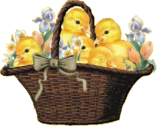 Gif animé avec des poussins de Pâques dans un panier avec un arc et des fleurs colorées.