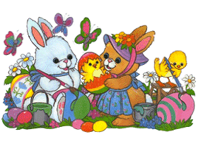 Gif animé de Joyeuses Pâques avec deux lapins de Pâques et deux petits poussins nouveau-nés.