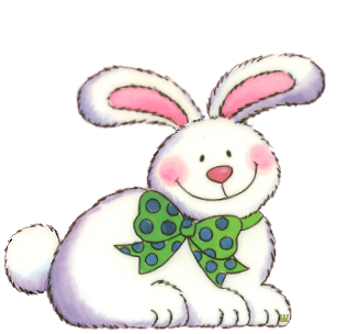 Joli gif de joyeuses fêtes de Pâques avec un lapin de Pâques très heureux qui bouge sa queue et ses oreilles. Le lapin a un nœud coloré autour de son cou.