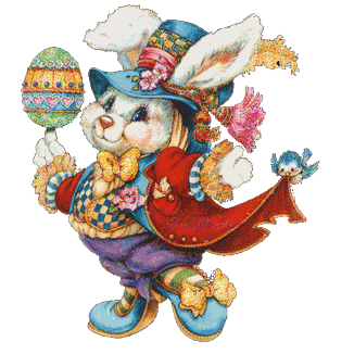 Gif de salutations avec un lapin de Pâques habillé pour les vacances qui a un œuf de Pâques à la main à offrir aux enfants les plus démunis. L'oiseau au gif portant la cape Lapin de Pâques symbolise le début du printemps.