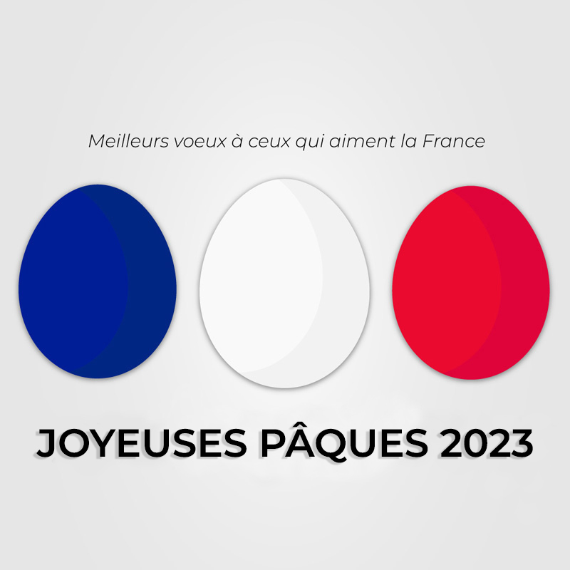 Image avec une phrase de joyeuses Pâques 2024 à toute la France. Les trois œufs de Pâques dessinés sont colorés comme le drapeau français.