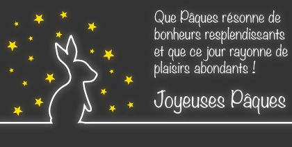 Carte de voeux avec la silhouette d'un lapin de Pâques et des étoiles en arrière-plan, l'expression Joyeuses Pâques est blanche.